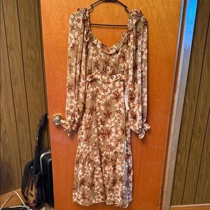 Lumiere Beige Floral Ruffle Midi Dress with Brown Accents